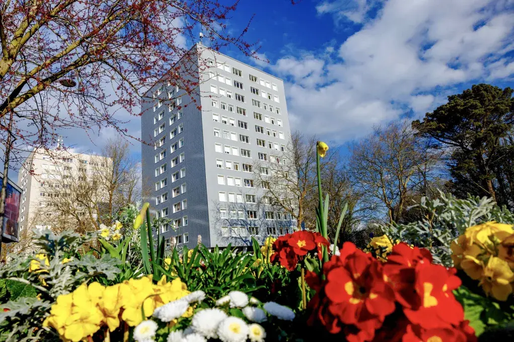 immeuble à Queliverzan avec des fleurs autour sous un ciel bleu