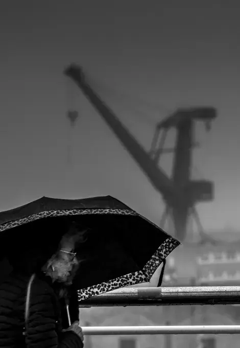 personne âgée sous un parapluie dans la brume avec l'ombre d'une grue à l'horizon