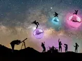 Illustration montrant des silhouettes de musiciens sous une nuit étoilée dansant sur des planètes de boules discos pendant qu'un homme observe le ciel à la longue vue.